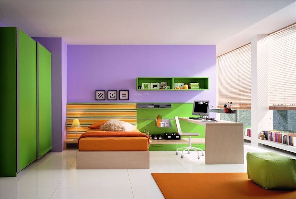 Child's bedroom painted in green and violet with orange accents